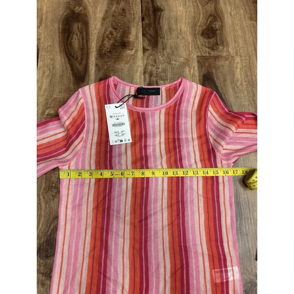 ZARA Pink Red Orange Striped Fine Knit Jumper Top Medium M NWT